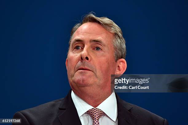 Secretary of State for International Trade, Liam Fox, delivers a speech about the economy on the second day of the Conservative Party Conference 2016...
