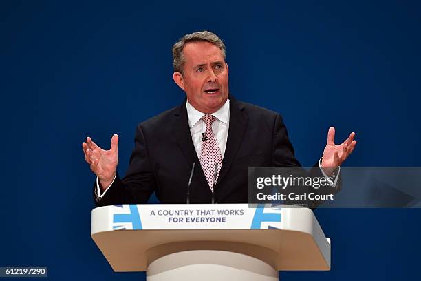 Secretary of State for International Trade, Liam Fox, delivers a speech about the economy on the second day of the Conservative Party Conference 2016...