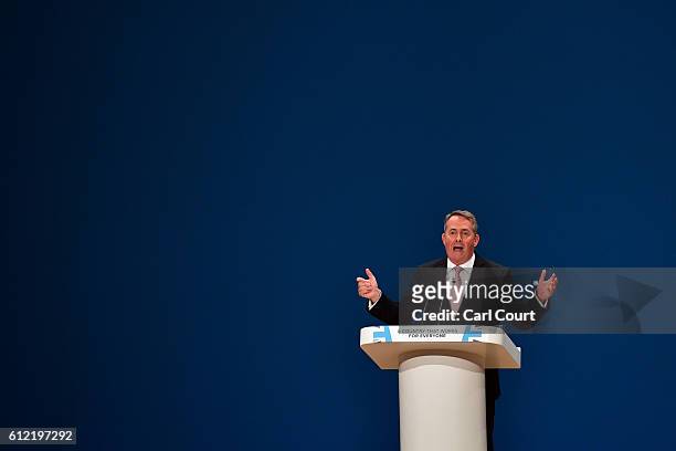 Secretary of State for International Trade, Liam Fox, delivers a speech about the economy on the second day of the Conservative Party Conference 2016...