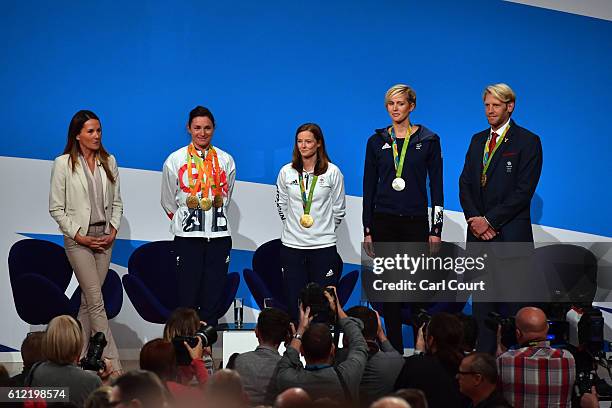 Former athlete Annie Emmerson talks to Team GB Olympic and Paralympic athletes Dame Sarah Storey, Helen Richardson-Walsh, Vicky Thornley and Andrew...