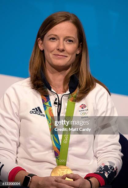 Helen Richardson-Walsh, hockey gold medalist, speaks on stage on the second day of the Conservative Party Conference 2016 at the ICC Birmingham on...