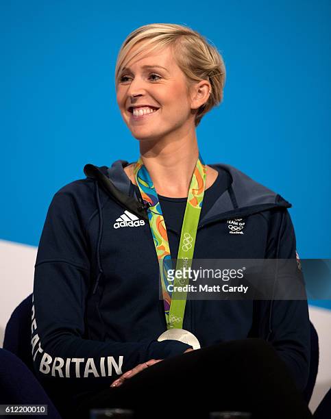 Olympic rower Vicky Thornley speaks on stage on the second day of the Conservative Party Conference 2016 at the ICC Birmingham on October 3, 2016 in...