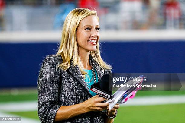 Sideline reporter Dawn Davenport during the Ole Miss Rebels 48-28 win over the Memphis Tigers at Vaught-Hemingway Stadium in Oxford, Mississippi.