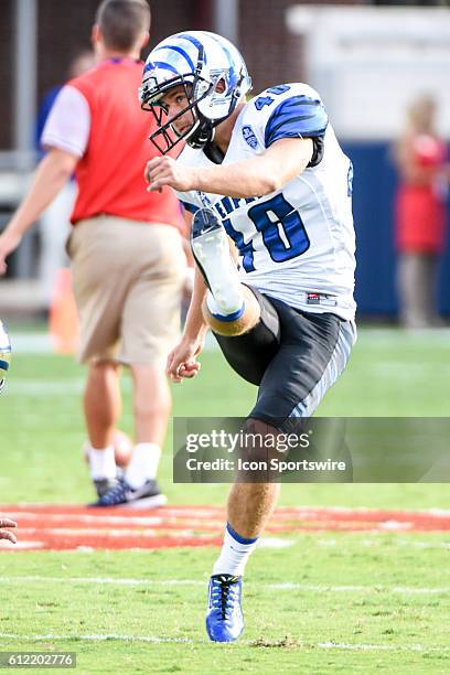 Memphis Tigers place kicker Jake Elliott prior to the Ole Miss Rebels 48-28 win over the Memphis Tigers at Vaught-Hemingway Stadium in Oxford,...