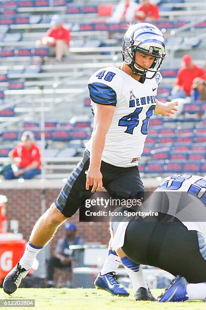 Memphis Tigers place kicker Jake Elliott prior to the Ole Miss Rebels 48-28 win over the Memphis Tigers at Vaught-Hemingway Stadium in Oxford,...