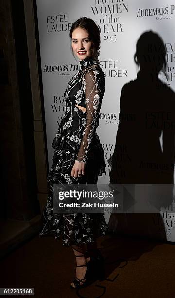 Lily James arriving at the Harper's Bazaar Women of the Year Awards at Claridges in London.