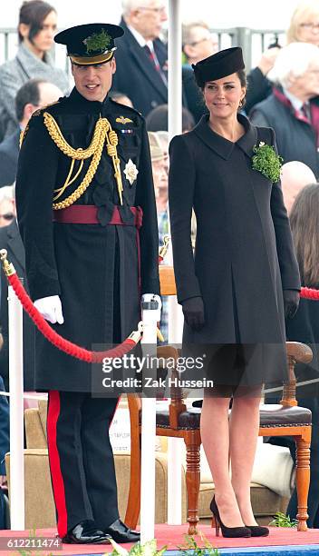 Prince William, Duke of Cambridge and Catherine, Duchess of Cambridge, wearing a bespoke Catherine Walker coat, attending the Irish Guards' St....