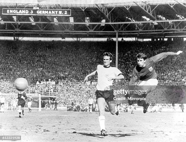 World Cup Final at Wembley Stadium. England 4 v West Germany 2 after extra time. Geoff Hurst fires in England's fourth goal in the dying seconds of...