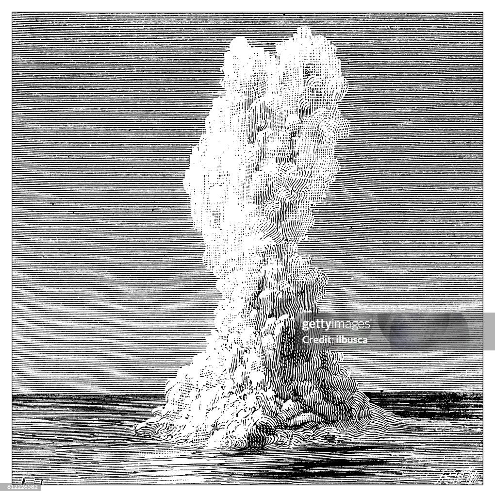 Antique illustration of torpedo missile explosion underwater