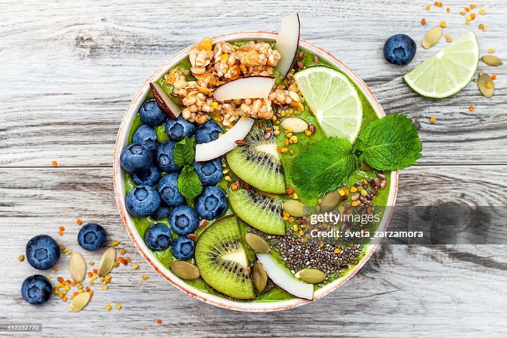 Matcha green tea breakfast superfoods smoothies bowl with chia seeds