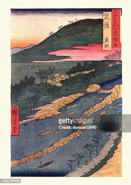 japanese landscape by hiroshige - wood block stock illustrations