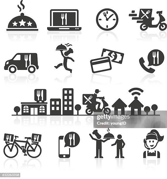 takeaway and online food delivery icons. - delivery person stock illustrations