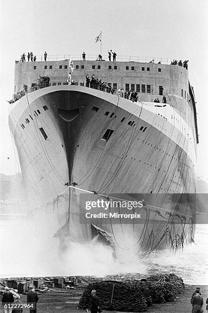 Queen Elizabeth II launching the Cunard Cruise Liner, The QE2 in the Clyde, 20th September 1967.