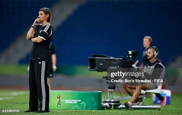 Head coach Anouschka Bernhard of Germany reacts during the FIFA U-17 Women's World Cup Jordan Group B match between Germany and Canada at Amman...