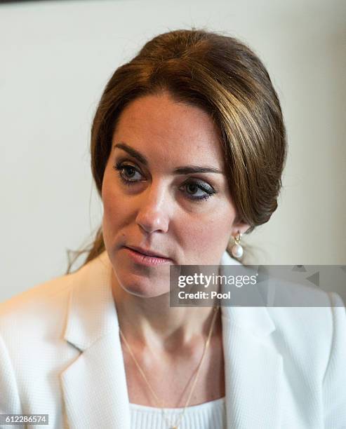 Catherine, Duchess of Cambridge visits a local cafe to learn about Kelty Mental Health Resource on October 1, 2016 in Victoria, Canada.