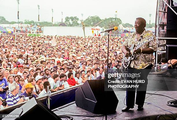 American blues musician, singer, songwriter, and guitarist B.B. King during the New Orleans Jazz & Heritage Festival.