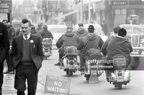 Mods on their scooters seen here leaving Clacton at the end of the bank holiday weekend. Over the 1964 Easter weekend several scuffles between Mods...