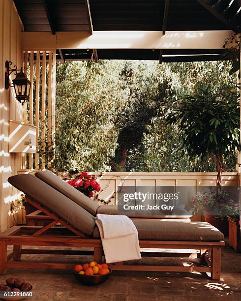 Actress Courtney Thorne-Smith's home is photographed for InStyle in 2002 in Los Angeles, California. Thorne-Smith's patio.