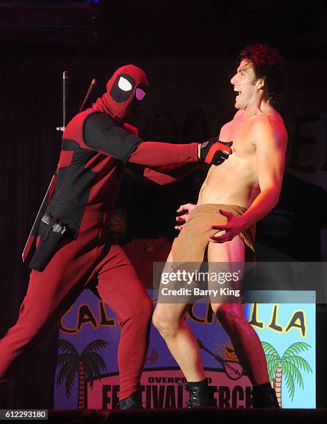 Deadpool and Tarzan spoof in The Hanging at Knott's Scary Farm black carpet event at Knott's Berry Farm on September 30, 2016 in Buena Park,...