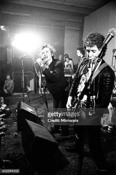 English lead singer John Lydon, aka Johnny Rotten, bass guitarist Sid Vicious, guitarist Steve Jones, and drummer Paul Cook, members of punk rock...