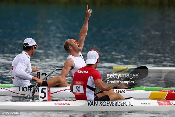 Kanusport Flachwasser 100 meter kayak K1 Max Hoff Bronze und Adam van Koeverden CAN 2. Und Olympiasieger olympic Champion Goldmedalist Gold Eirik...
