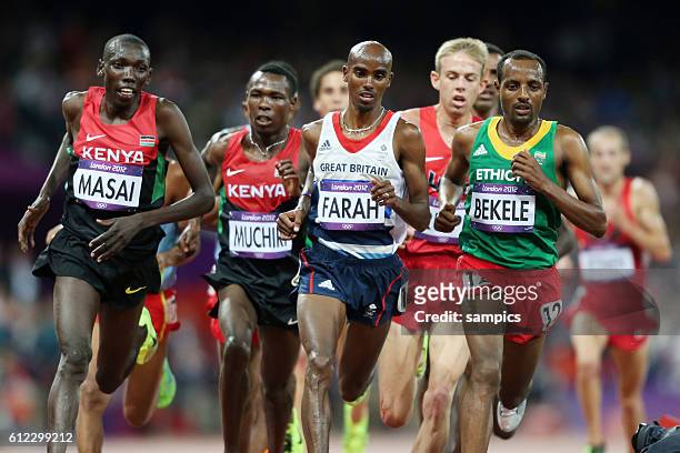 Meter Men v.l. Masai Olympiasieger olympic Champion Goldmedalist Gold Mohamed Farah GB , Bekele Leichtathletik athletics Olympische Sommerspiele in...