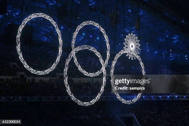 Open ceremony sochi 2014 Eröffnungsfeier ERoeffnungsfeier nicht vollständige Olympische Ringe no funktion olymic rings