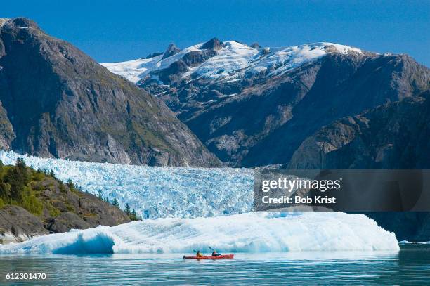 kayakers at leconte glacier - inside passage stock-fotos und bilder