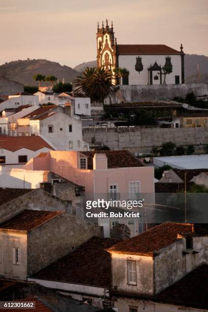church and houses in ponta delgada - ponta delgada azores portugal stock-fotos und bilder