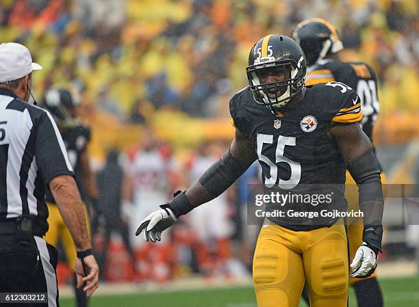 Linebacker Arthur Moats of the Pittsburgh Steelers talks to referee Pete Morelli during a game against the Cincinnati Bengals at Heinz Field on...