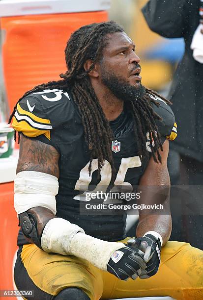 Linebacker Jarvis Jones of the Pittsburgh Steelers looks on from the sideline during a game against the Cincinnati Bengals at Heinz Field on...