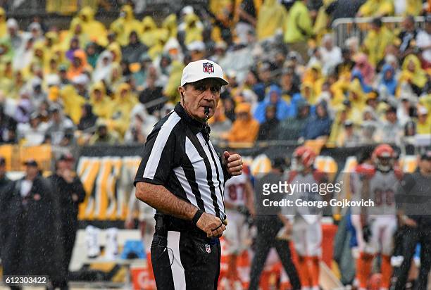 National Football League referee Pete Morelli looks on from the field as rain falls during a game between the Cincinnati Bengals and Pittsburgh...