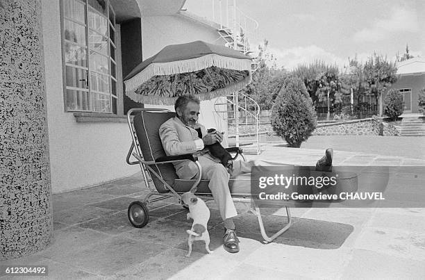 Emperor of Ethiopia Haile Selassie with dogs at the Fairfield Palace, in Debre Zeit.