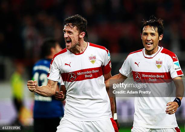 Christian Gentner of VfB Stuttgart celebrates with Hajime Hosogai of VfB Stuttgart after scoring the fourth goal during the Second Bundesliga match...