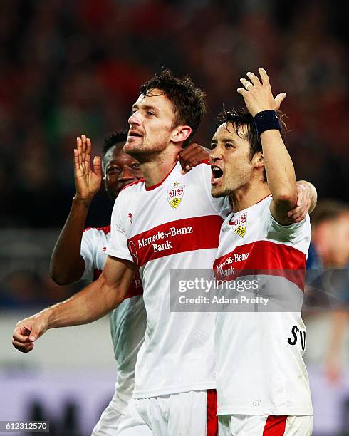 Christian Gentner of VfB Stuttgart celebrates with Hajime Hosogai of VfB Stuttgart after scoring the fourth goal during the Second Bundesliga match...