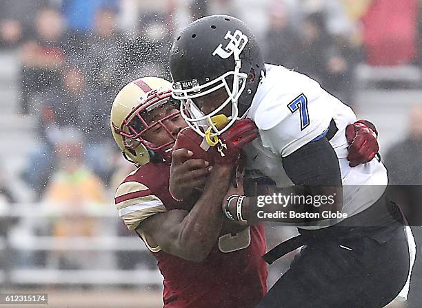 Boston, MA Boston College Eagles Michael Walker stops Buffalo Bulls Marcus McGill for a short pass reception during first half action at Alumni...