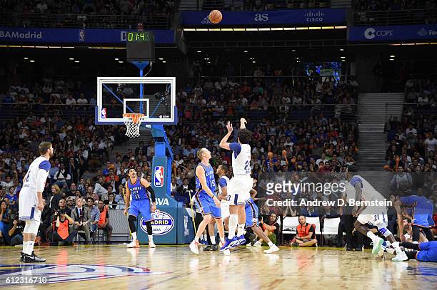 Sergio Llull of Real Madrid hits a game tying three pointer against the Oklahoma City Thunder to go to overtime as part of the 2016 Global Games on...