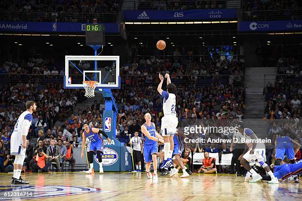 Sergio Llull of Real Madrid hits a game tying three pointer against the Oklahoma City Thunder to go to overtime as part of the 2016 Global Games on...