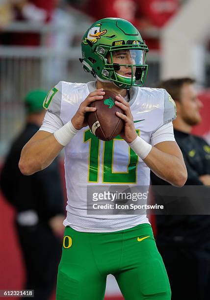 Oregon Ducks quarterback Justin Herbert before the game between Oregon Ducks and the Washington State Cougars at the Martin Stadium in Pullman,...