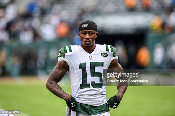 New York Jets Wide Receiver Brandon Marshall warms up before the game between the New York Jets versus the Seattle Seahawks at MetLife Stadium in...