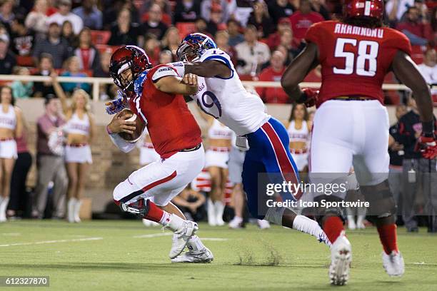 Kansas defensive end Isaiah Bean sacks Texas Tech quarterback Patrick Mahomes II during the game between Kansas and Texas Tech at Jones AT&T Stadium...