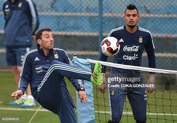 Argentina's national football team goalkeeper Sergio Romero takes part in a training session in Lima on October 03, 2016. Argentina will face Peru in...