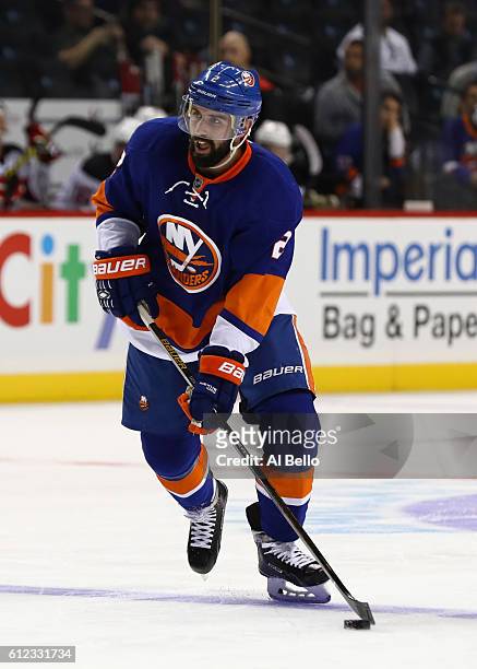 Nick Leddy of the New York Islanders in action against the New Jersey Devils during their pre season game at Barclays Center on October 3, 2016 in...