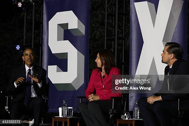 President Barack Obama, atmospheric scientist Katharine Hayhoe, and actor Leonardo DiCaprio participate in a conversation during the South by South...