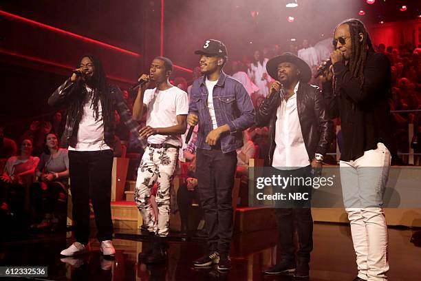 Episode 0546 -- Pictured: Musical guest D.R.A.M., Ruary, Chance the Rapper, Anthony Hamilton and Ty Dolla Sign perform on October 3, 2016 --