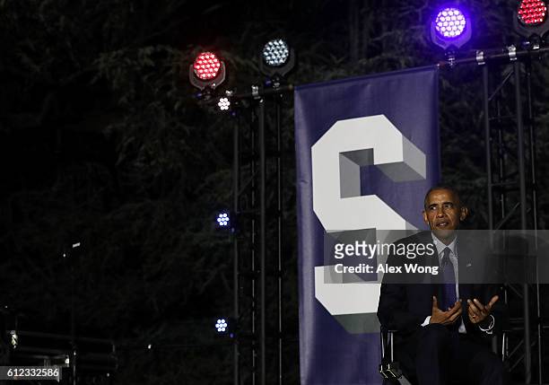 President Barack Obama participates in a conversation during the South by South Lawn, a White House festival of ideas, art, and action, October 3,...