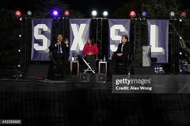 President Barack Obama, atmospheric scientist Katharine Hayhoe, and actor Leonardo DiCaprio participate in a conversation during the South by South...