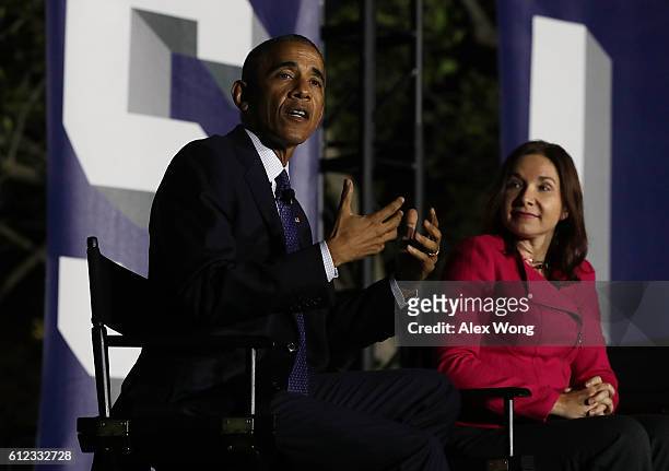 President Barack Obama and atmospheric scientist Katharine Hayhoe participate in a conversation during the South by South Lawn, a White House...