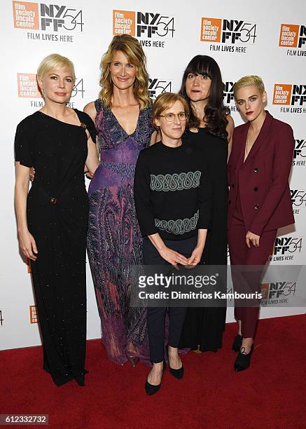 Actors Michelle Williams, Laura Dern, Lily Gladstone and Kristen Stewart pose with Director Kelly Reichardt at the "Certain Women" premiere during...