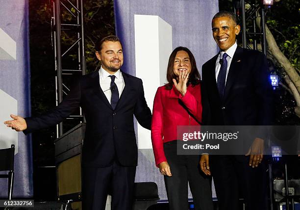President Barack Obama, Leonardo DiCaprio and Dr. Katharine Hayhoe arrive at a panel discussion on climate change as part of the White House South by...